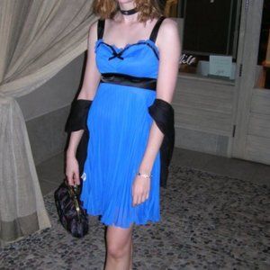 French blue party dress with black trim